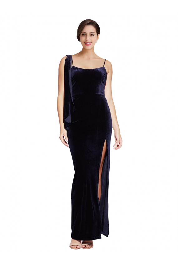 Buy Long Formal Velvet Bridesmaid Dress / Prom Dress with Side Thigh Split and Shoulder Tie UK
