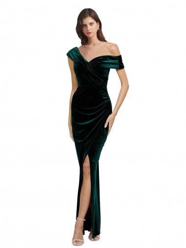 Buy Long Asymmetric Neckline Ruched Formal Velvet Bridesmaid Dress / Prom Dress UK