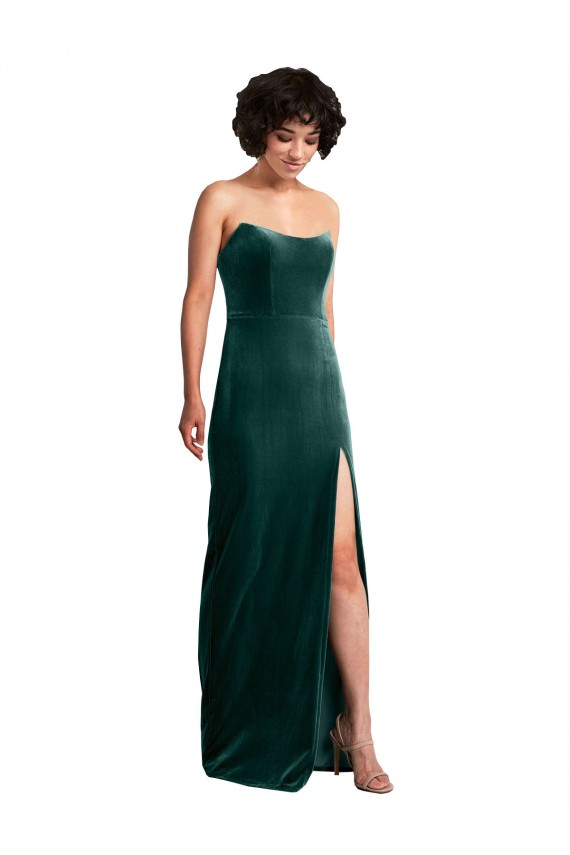 Buy Scooped Strapless Long Formal Velvet Bridesmaid Dress / Prom Dress with Daring Side Slit UK
